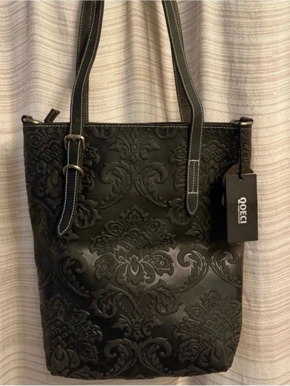 QOECI Black Embossed Floral Bag